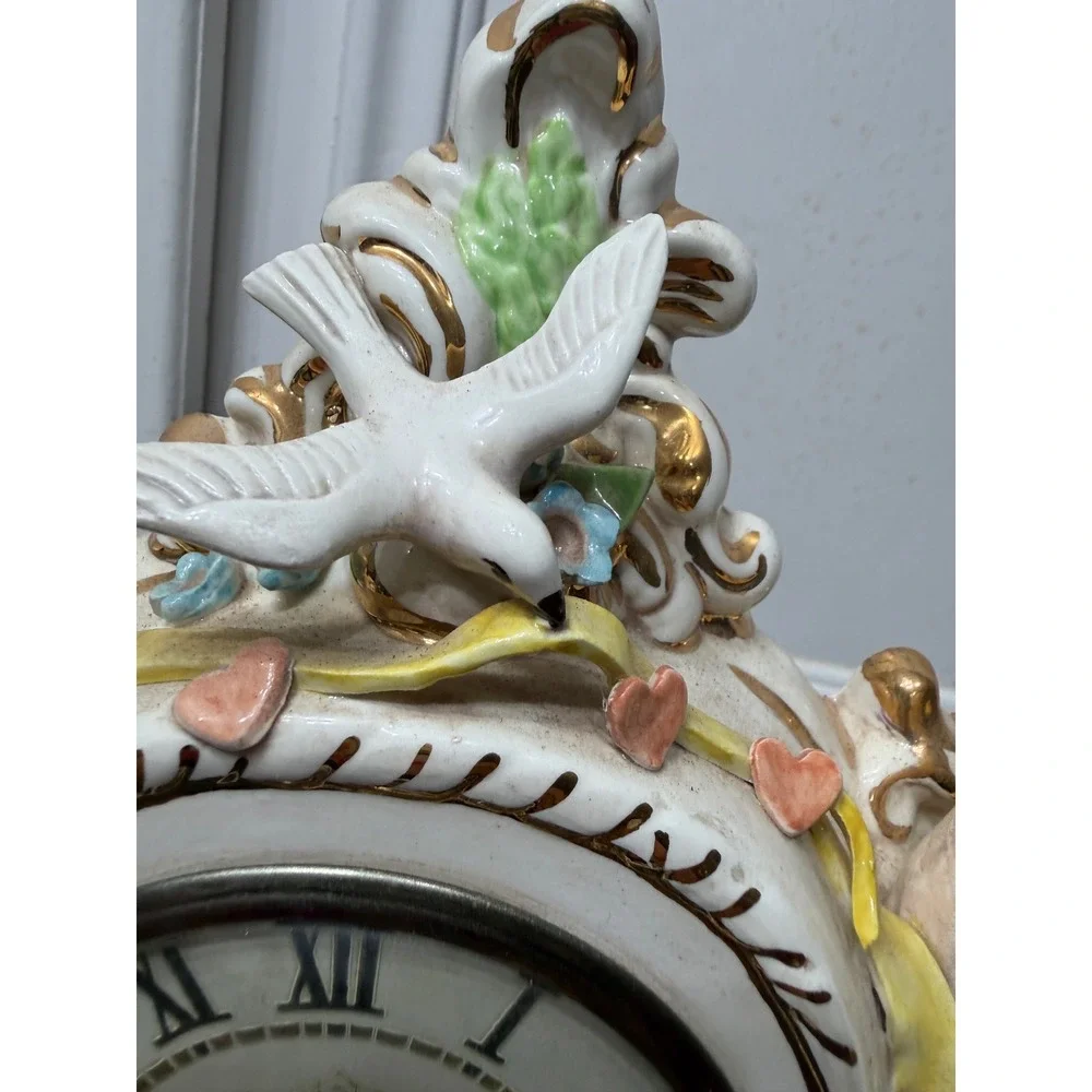 Vintage Lanshire Porcelain Mantel Clock Cherubs Doves Roses Gold Gilt Electric